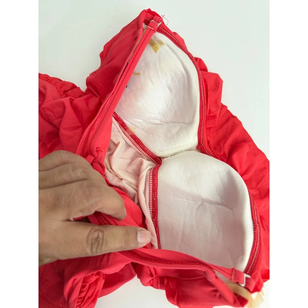 La Blanca Red Ruffle Ruched One Piece Swimsuit Bandeau Halter Size 6